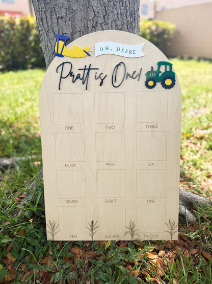 Tractor theme birthday Photo Board, Oh Deere His birthday is here, Green Tractor First Birthday, 1st Birthday Tractor Party, Get in Gear