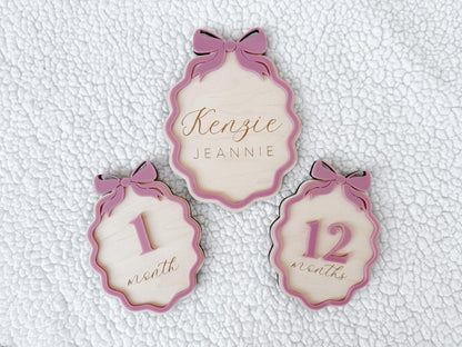 Baby Monthly Milestone Signs, Bow Milestone Cards for Girls, Monthly Baby Photo Props, Milestone Plaques for Babies, Baby Girl Milestone Set