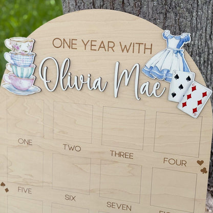 Onederland First Year of Photo Board, Wonderland First Birthday Party, Tea Party Birthday Decor, One Year of Sign, Milestone Photo Display