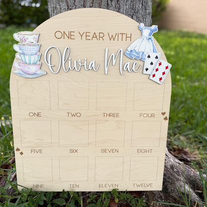 Onederland First Year of Photo Board, Wonderland First Birthday Party, Tea Party Birthday Decor, One Year of Sign, Milestone Photo Display