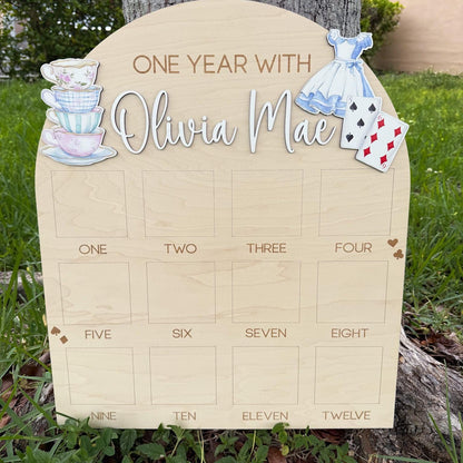Onederland First Year of Photo Board, Wonderland First Birthday Party, Tea Party Birthday Decor, One Year of Sign, Milestone Photo Display