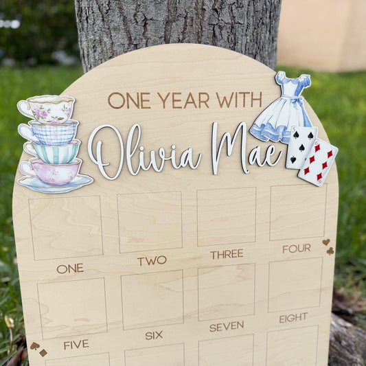 Onederland First Year of Photo Board, Wonderland First Birthday Party, Tea Party Birthday Decor, One Year of Sign, Milestone Photo Display