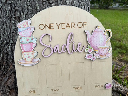 Tea Party First Birthday Milestone Board, One Year of Photo Board, Tea Party Theme Birthday Decor, One Year of Baby Girl Keepsake