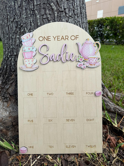 Tea Party First Birthday Milestone Board, One Year of Photo Board, Tea Party Theme Birthday Decor, One Year of Baby Girl Keepsake