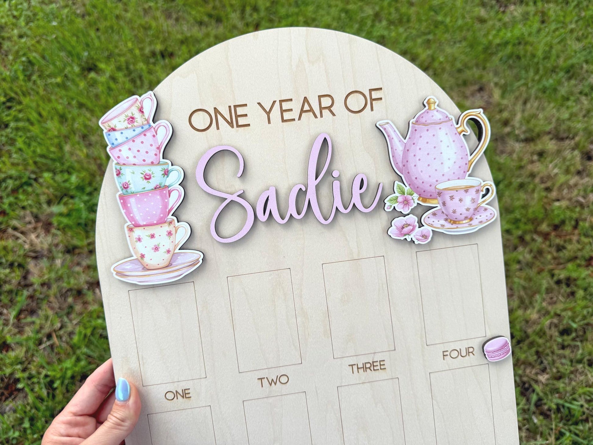 Tea Party First Birthday Milestone Board, One Year of Photo Board, Tea Party Theme Birthday Decor, One Year of Baby Girl Keepsake
