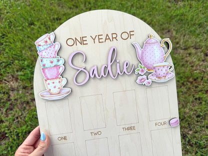 Tea Party First Birthday Milestone Board, One Year of Photo Board, Tea Party Theme Birthday Decor, One Year of Baby Girl Keepsake