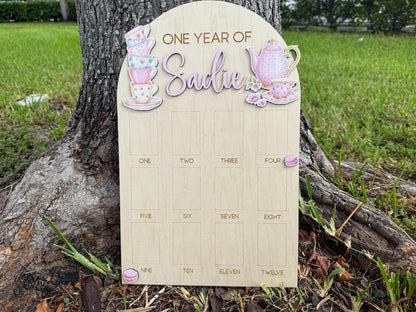 Tea Party First Birthday Milestone Board, One Year of Photo Board, Tea Party Theme Birthday Decor, One Year of Baby Girl Keepsake
