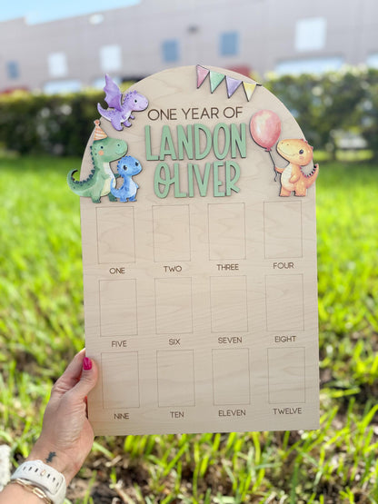 Dinosaur First Birthday Photo Board, One Year Photo Board, Dino Birthday Decor, 12 month baby photo display, 1st Birthday Dinosaur Party