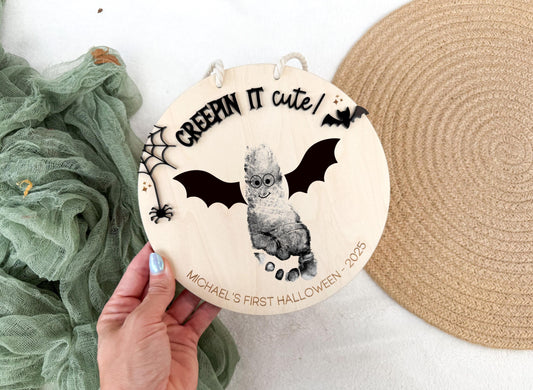 Halloween Craft for Kids Footprint Board, Creepin' it Cute Halloween Baby Keepsake, Ghost Footprint Sign, Kids Handprint Halloween Craft