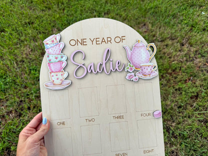 Tea Party First Birthday Milestone Board, One Year of Photo Board, Tea Party Theme Birthday Decor, One Year of Baby Girl Keepsake