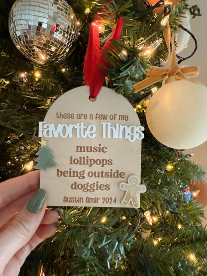 Favorite Things Christmas Ornament for Kids, 2025 Keepsake Ornament, My second Christmas Ornament, Custom Name & Favorites Wood Ornament