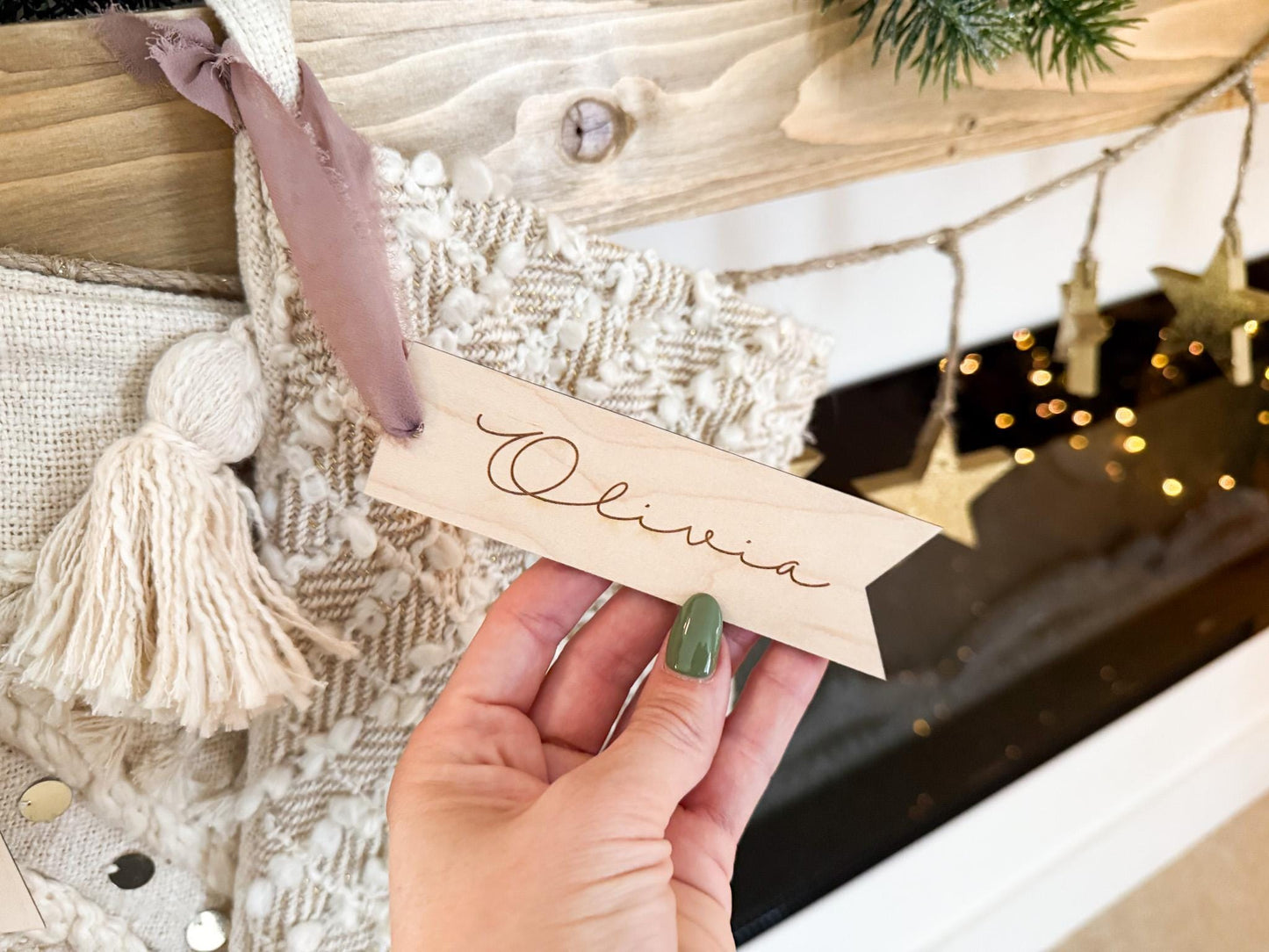 Minimalist Christmas Stocking Name Tag, Wooden Family Stocking Tags, Custom Name Stocking Tag Ornament, Rustic Holiday Mantle Decor