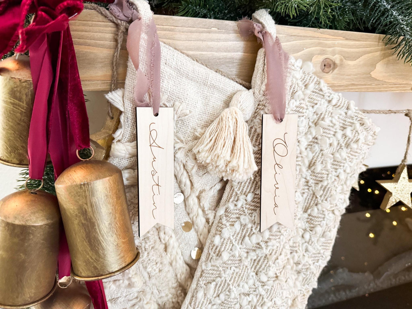 Minimalist Christmas Stocking Name Tag, Wooden Family Stocking Tags, Custom Name Stocking Tag Ornament, Rustic Holiday Mantle Decor