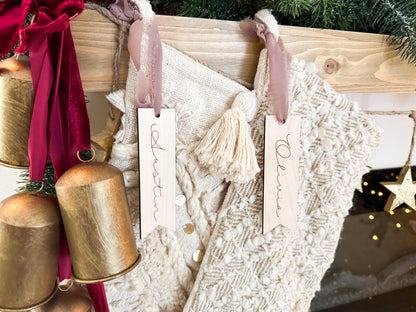 Minimalist Christmas Stocking Name Tag, Wooden Family Stocking Tags, Custom Name Stocking Tag Ornament, Rustic Holiday Mantle Decor