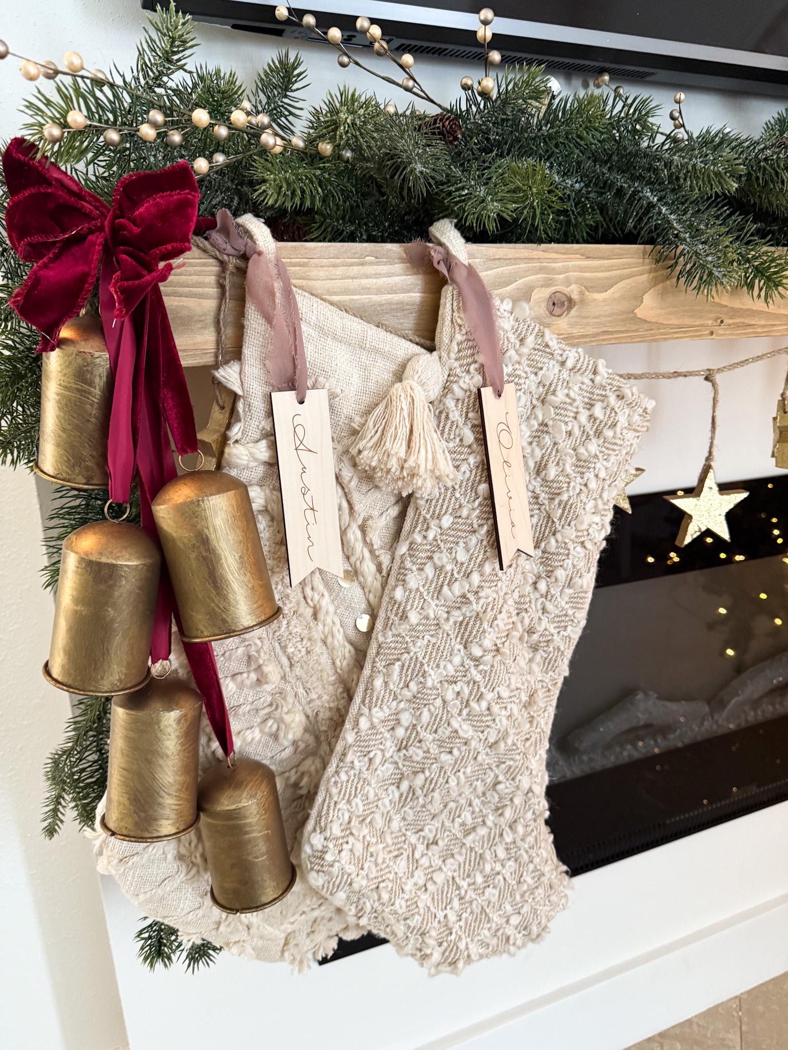 Minimalist Christmas Stocking Name Tag, Wooden Family Stocking Tags, Custom Name Stocking Tag Ornament, Rustic Holiday Mantle Decor