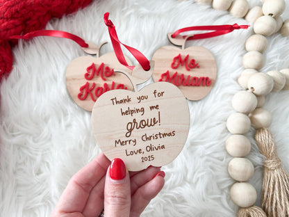 Teacher Gift Tag, Personalized Teacher Christmas Ornament, Teacher Apple Ornament, Appreciation Gift, Thank You for Helping Me Grow 2025