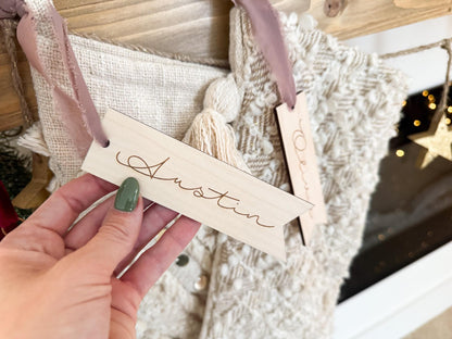 Minimalist Christmas Stocking Name Tag, Wooden Family Stocking Tags, Custom Name Stocking Tag Ornament, Rustic Holiday Mantle Decor