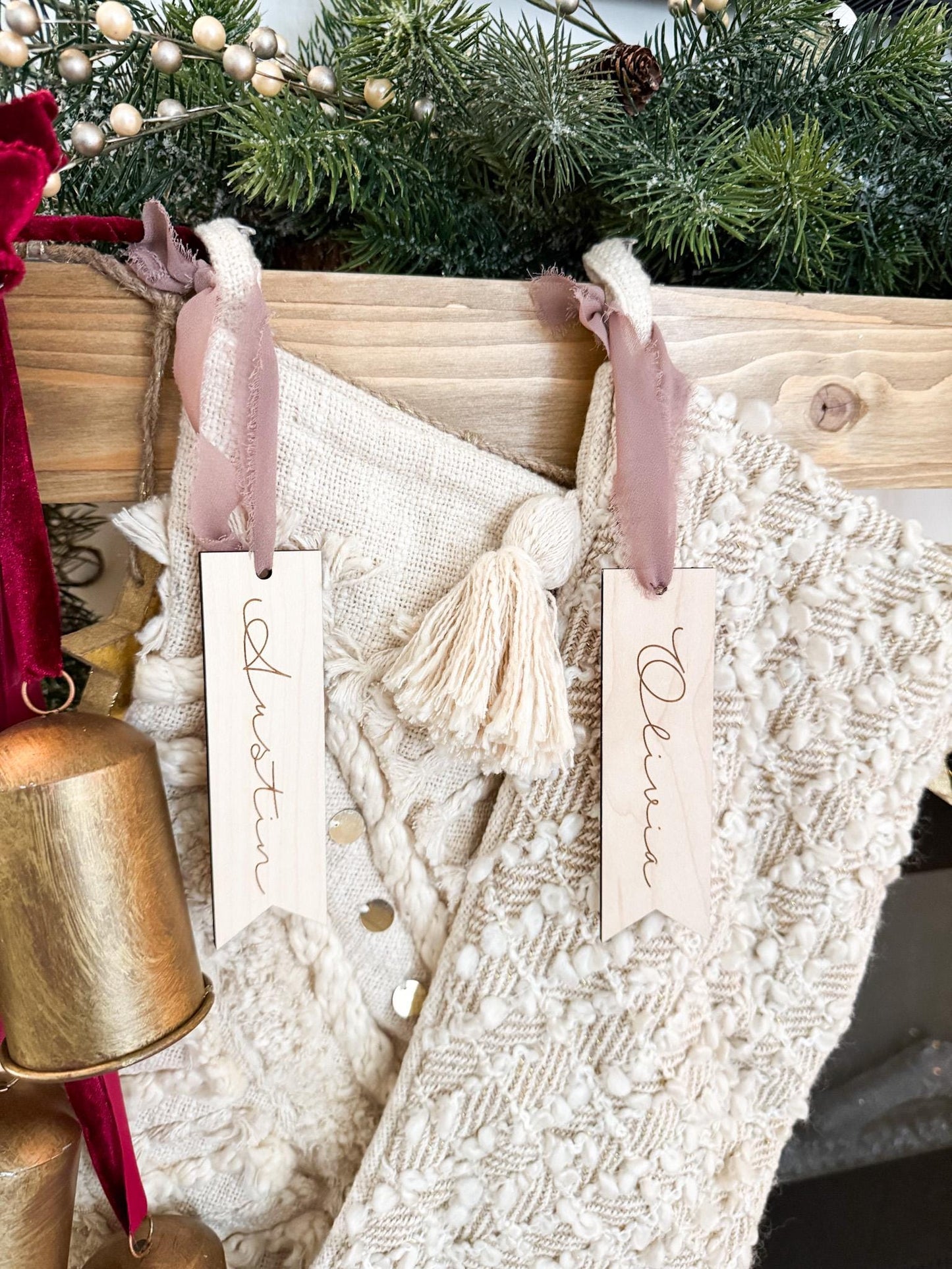 Minimalist Christmas Stocking Name Tag, Wooden Family Stocking Tags, Custom Name Stocking Tag Ornament, Rustic Holiday Mantle Decor