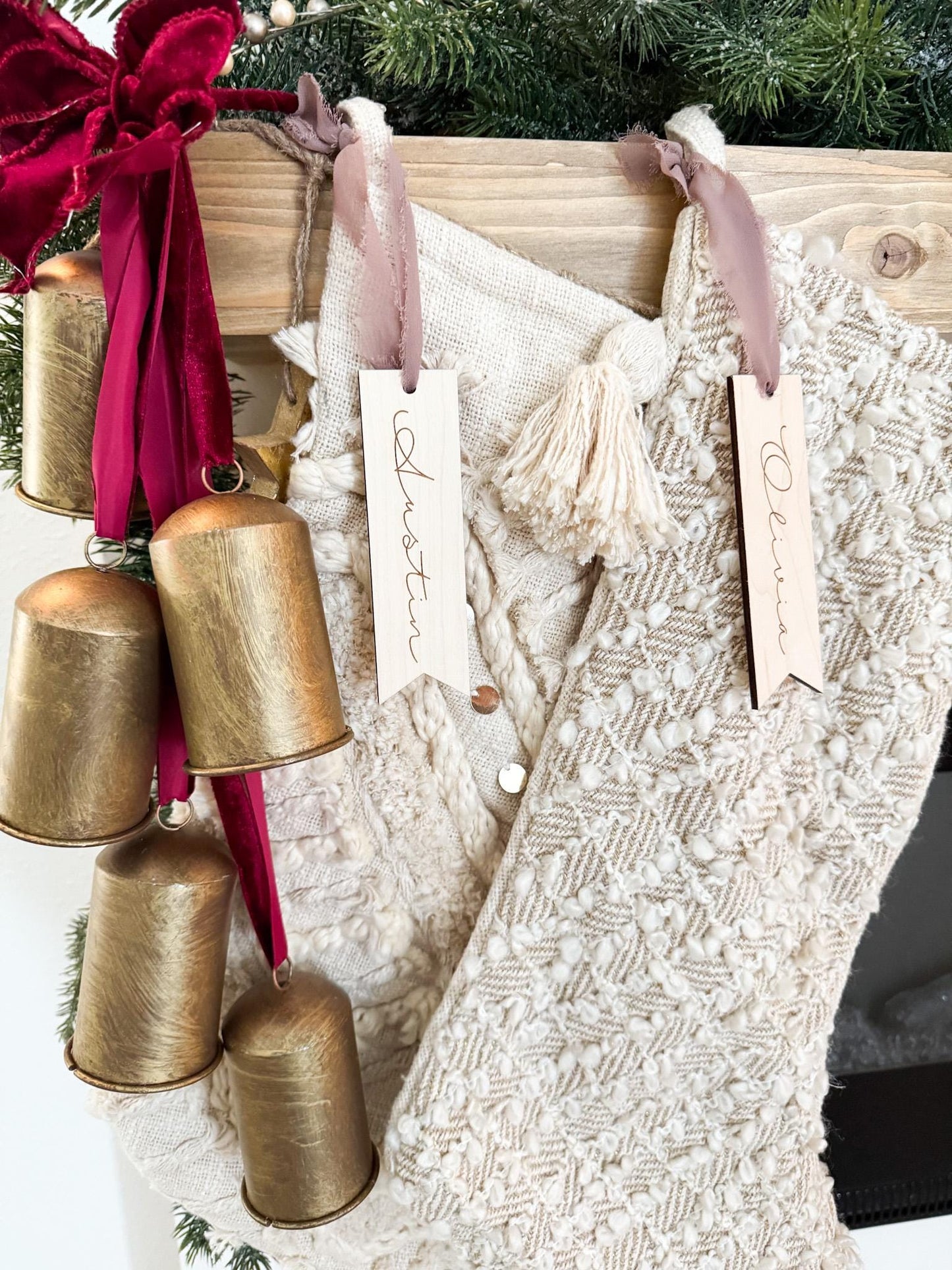 Minimalist Christmas Stocking Name Tag, Wooden Family Stocking Tags, Custom Name Stocking Tag Ornament, Rustic Holiday Mantle Decor