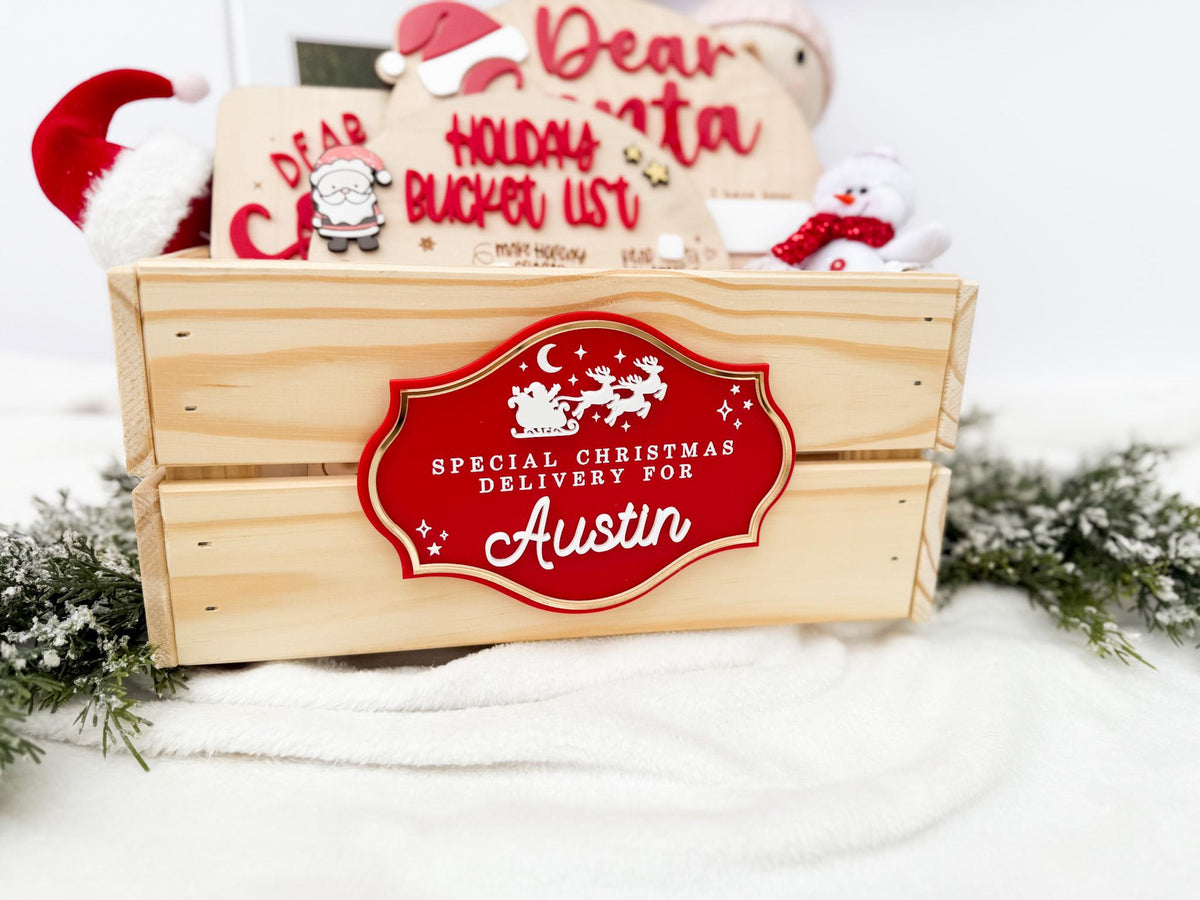 Christmas Delivery Box, Personalized Kids Christmas Eve Box, Custom Holiday Crate with Name Plaque, Special Delivery Wooden Santa Gift Box