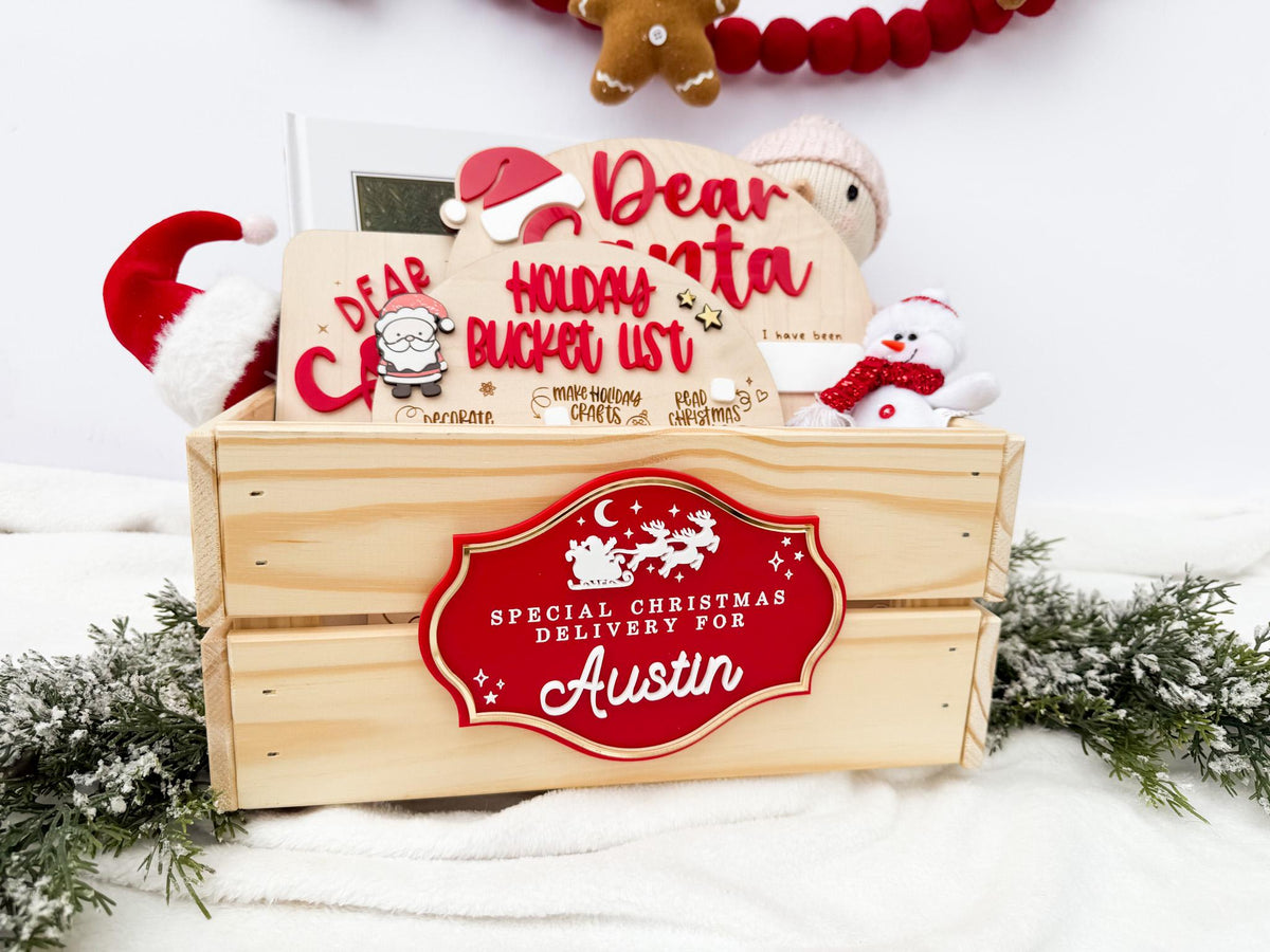 Christmas Delivery Box, Personalized Kids Christmas Eve Box, Custom Holiday Crate with Name Plaque, Special Delivery Wooden Santa Gift Box