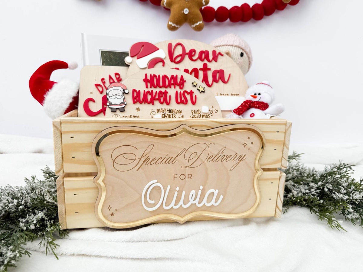 Christmas Eve Box – Personalized Holiday Crate with Name Plaque, Special Delivery Wooden Christmas Box for Kids, Santa Gift Box