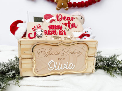Christmas Eve Box – Personalized Holiday Crate with Name Plaque, Special Delivery Wooden Christmas Box for Kids, Santa Gift Box