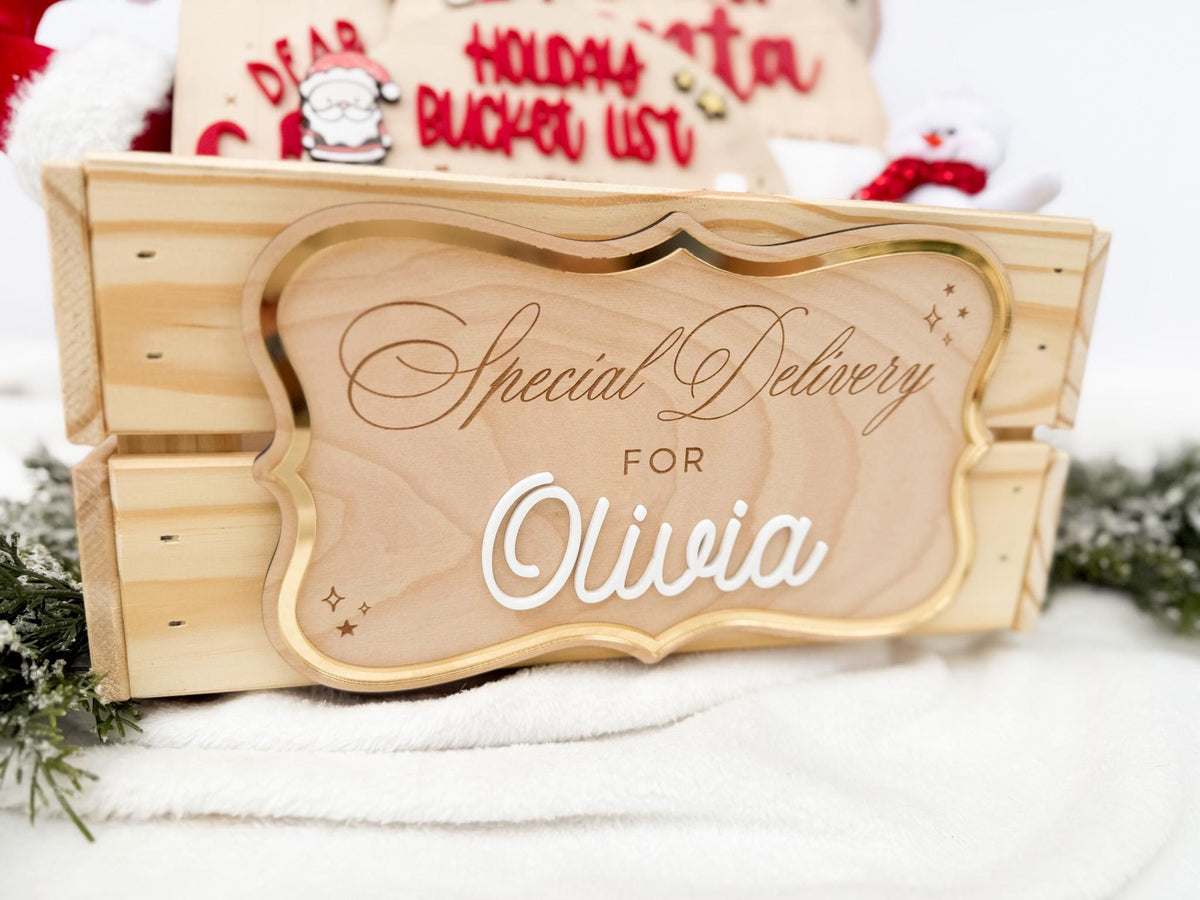 Christmas Eve Box – Personalized Holiday Crate with Name Plaque, Special Delivery Wooden Christmas Box for Kids, Santa Gift Box
