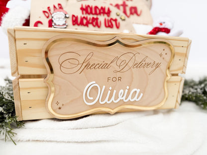 Christmas Eve Box – Personalized Holiday Crate with Name Plaque, Special Delivery Wooden Christmas Box for Kids, Santa Gift Box
