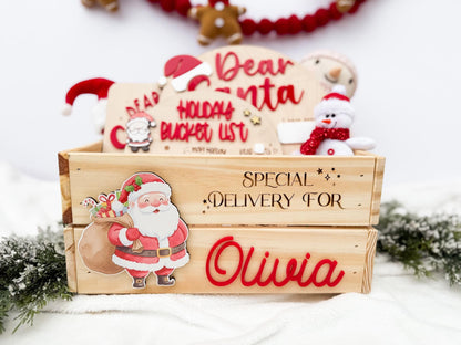 Christmas Box for Kids, Personalized Christmas Eve Box – Custom Holiday Crate with Name Plaque, Special Delivery Wooden Santa Gift Box