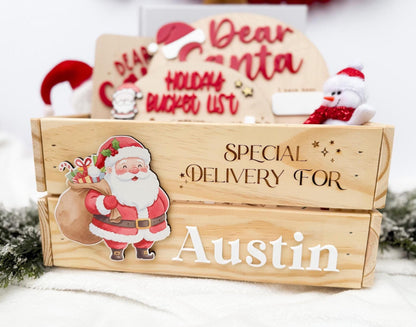 Christmas Box for Kids, Personalized Christmas Eve Box – Custom Holiday Crate with Name Plaque, Special Delivery Wooden Santa Gift Box