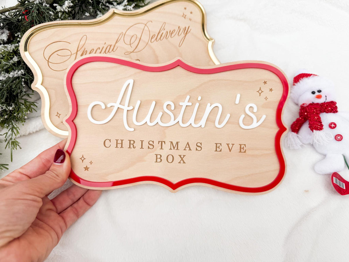 Christmas Eve Box Plaque for Kids – Christmas Crate Sign, Special Delivery Wooden Christmas Eve Box for Kids, Holiday Box Name Tag