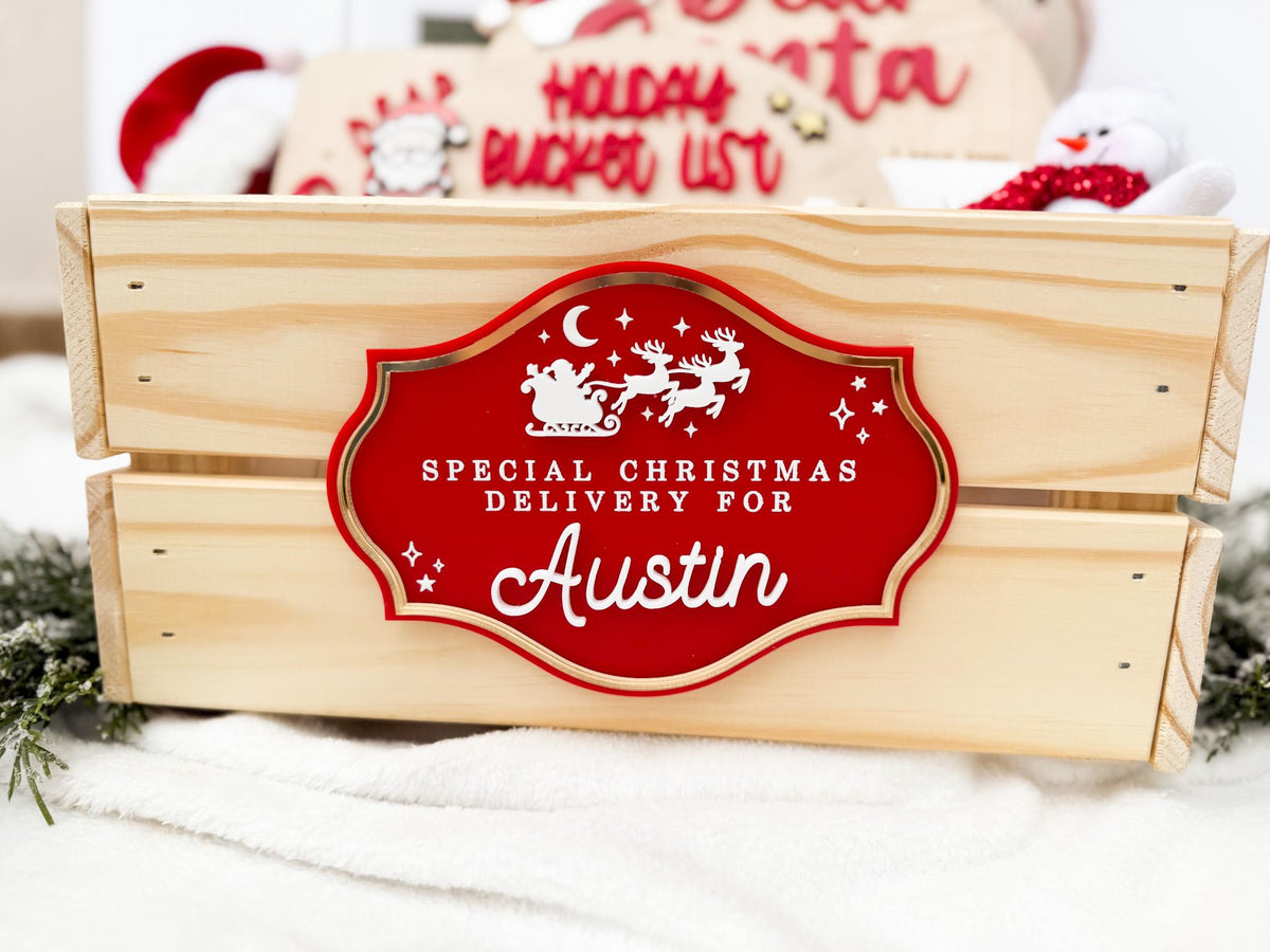 Christmas Delivery Box, Personalized Kids Christmas Eve Box, Custom Holiday Crate with Name Plaque, Special Delivery Wooden Santa Gift Box