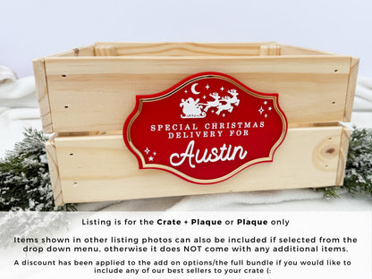 Christmas Delivery Box, Personalized Kids Christmas Eve Box, Custom Holiday Crate with Name Plaque, Special Delivery Wooden Santa Gift Box