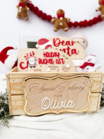 Christmas Eve Box – Personalized Holiday Crate with Name Plaque, Special Delivery Wooden Christmas Box for Kids, Santa Gift Box