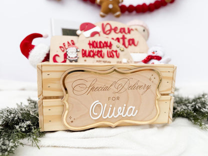 Christmas Eve Box – Personalized Holiday Crate with Name Plaque, Special Delivery Wooden Christmas Box for Kids, Santa Gift Box