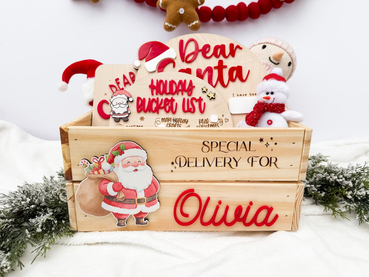 Christmas Box for Kids, Personalized Christmas Eve Box – Custom Holiday Crate with Name Plaque, Special Delivery Wooden Santa Gift Box
