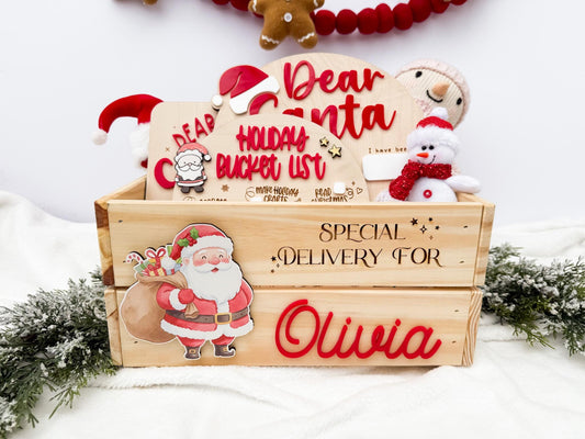 Christmas Box for Kids, Personalized Christmas Eve Box – Custom Holiday Crate with Name Plaque, Special Delivery Wooden Santa Gift Box