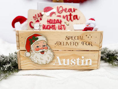 Christmas Box for Kids, Personalized Christmas Eve Box – Custom Holiday Crate with Name Plaque, Special Delivery Wooden Santa Gift Box