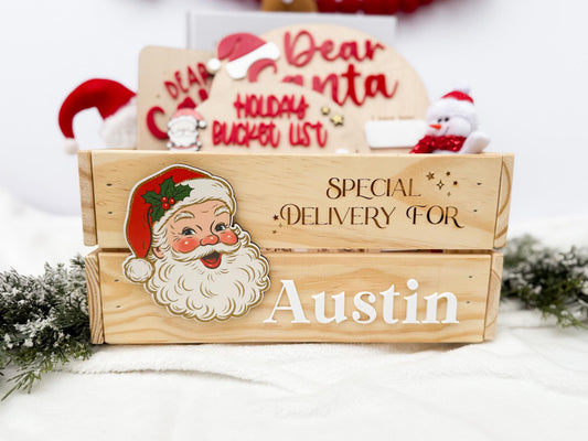 Christmas Box for Kids, Personalized Christmas Eve Box – Custom Holiday Crate with Name Plaque, Special Delivery Wooden Santa Gift Box