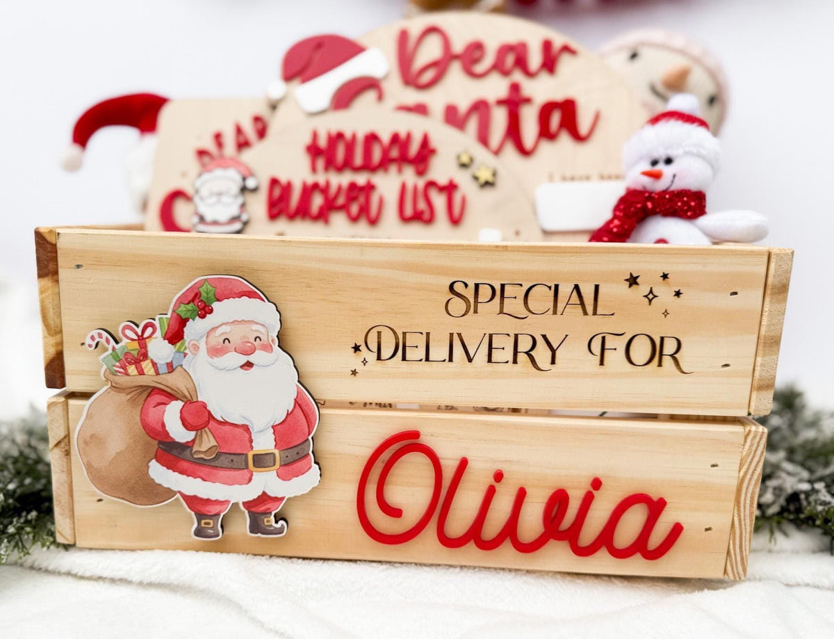Christmas Box for Kids, Personalized Christmas Eve Box – Custom Holiday Crate with Name Plaque, Special Delivery Wooden Santa Gift Box