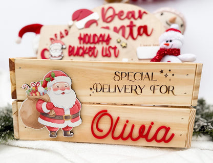 Christmas Box for Kids, Personalized Christmas Eve Box – Custom Holiday Crate with Name Plaque, Special Delivery Wooden Santa Gift Box