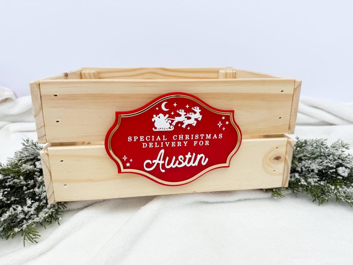 Christmas Eve Box for Kids – Christmas Crate Sign, Special Delivery Wooden Christmas Eve Box Plaque for Kids, Holiday Box Name Tag