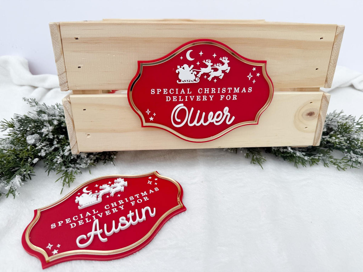 Christmas Eve Box for Kids – Christmas Crate Sign, Special Delivery Wooden Christmas Eve Box Plaque for Kids, Holiday Box Name Tag