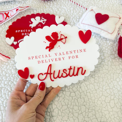 Valentine Delivery Box, Personalized Kids Valentine's Day Box, Custom Holiday Crate with Name Plaque, Special Delivery Wooden Valentine Gift