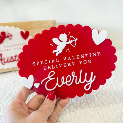Valentine Gift Box for Kids – Valentine Crate Sign, Special Delivery Wooden Valentine's Day Box Plaque for Kids, Holiday Box Name Tag