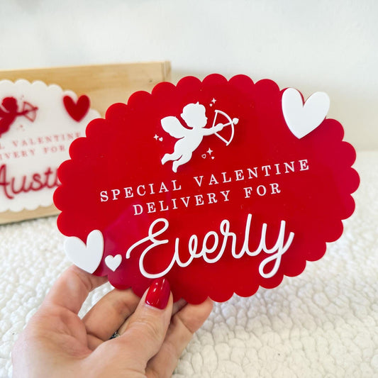 Valentine Gift Box for Kids – Valentine Crate Sign, Special Delivery Wooden Valentine's Day Box Plaque for Kids, Holiday Box Name Tag