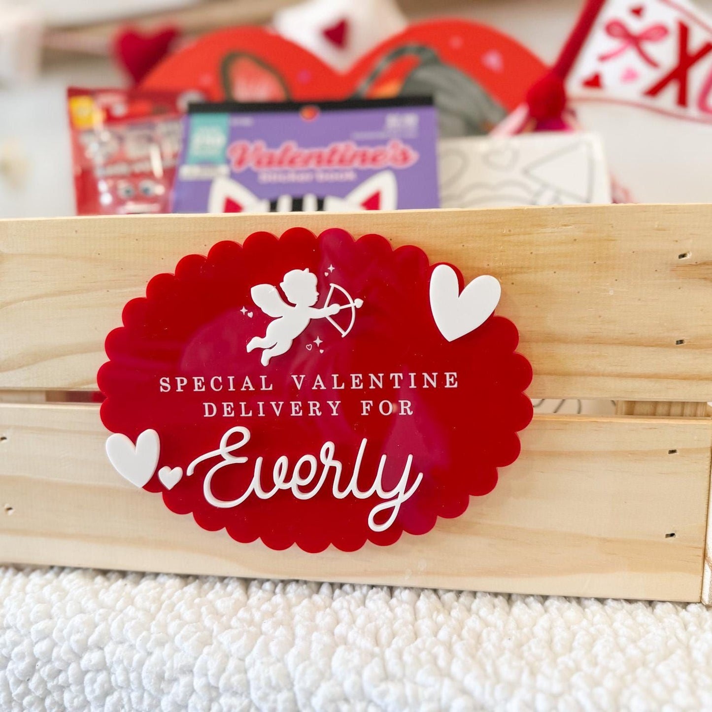 Valentine Delivery Box, Personalized Kids Valentine's Day Box, Custom Holiday Crate with Name Plaque, Special Delivery Wooden Valentine Gift