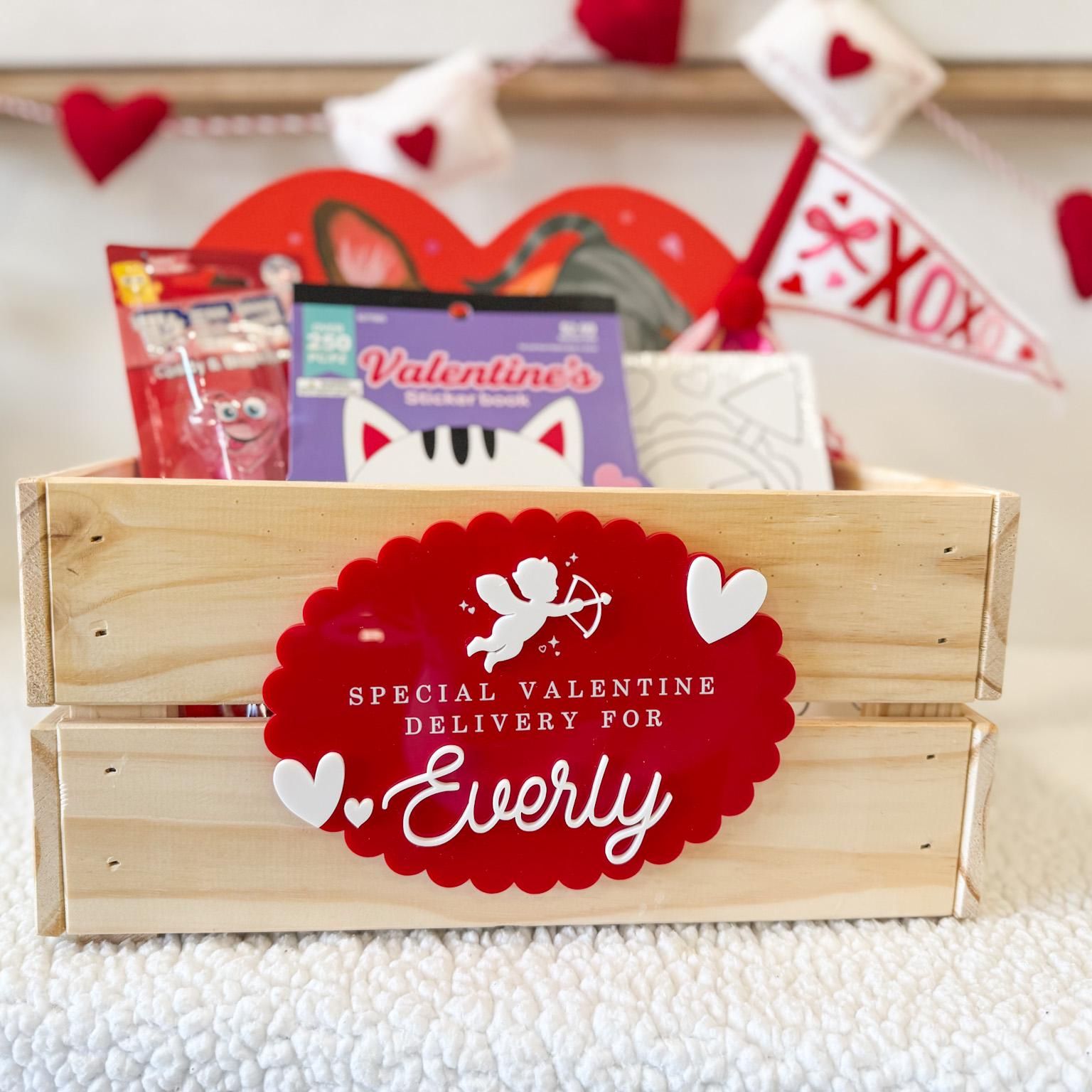 Valentine Delivery Box, Personalized Kids Valentine's Day Box, Custom Holiday Crate with Name Plaque, Special Delivery Wooden Valentine Gift