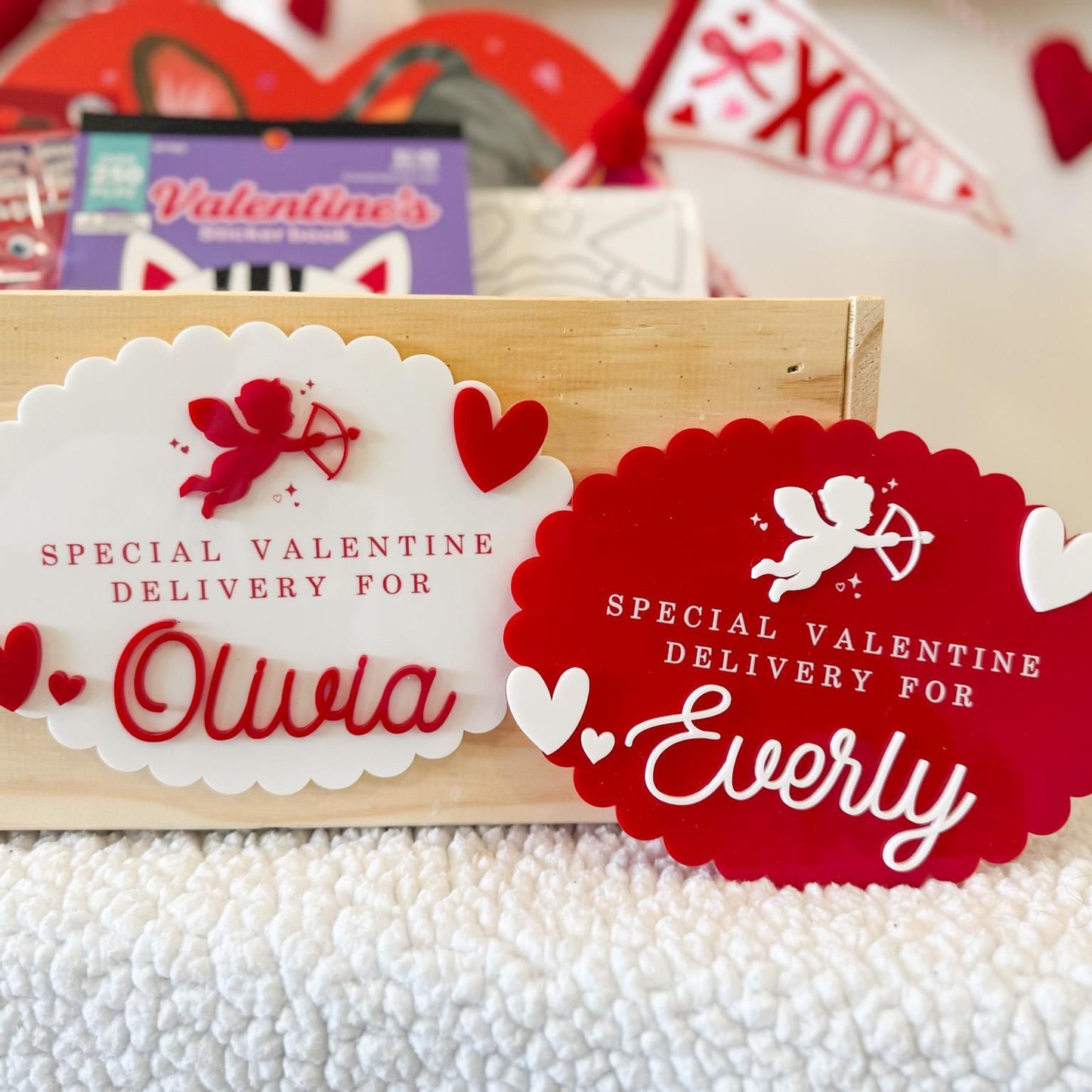 Valentine Delivery Box, Personalized Kids Valentine's Day Box, Custom Holiday Crate with Name Plaque, Special Delivery Wooden Valentine Gift